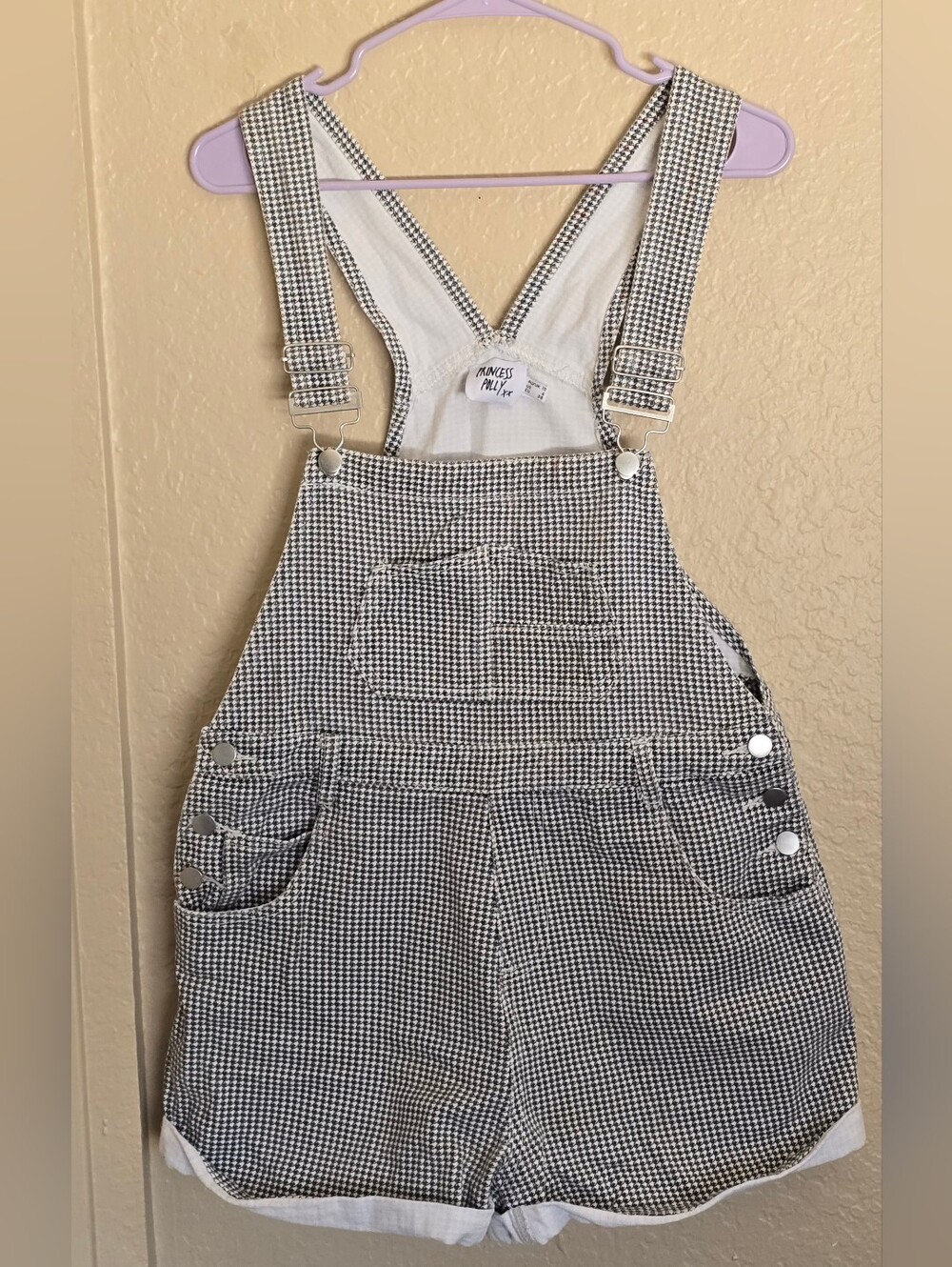 Princess Polly Black & White Gingham Checkered Denim Shorts Overalls Sz 6